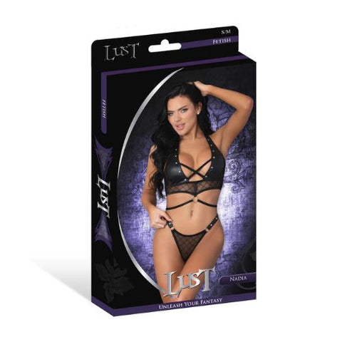 Lust Nadia - Diamond Mesh Halter Top and Ring Thong with Rings Clasps and Studs Black from Nice 'n' Naughty